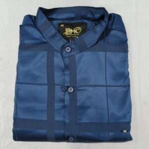 MEN SLIM FIT MANDARIN COLLAR LIGHT TEAL  CHECKS SHIRT