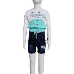 Girls Blue Colour Beautiful Summer Sleveless With Printed Top and Denim Pant Clothes Set