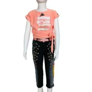 Dresses Girls Cotton Regular Fit Round Neck Solid Casual Wear Top and Jeans Capri Clothing Set