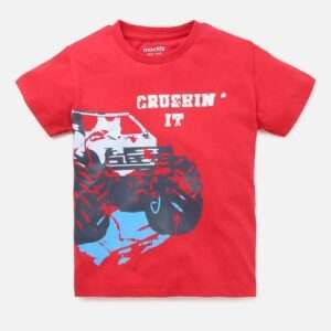 Boys Cotton Vehicle Print T-Shirt in Red Color
